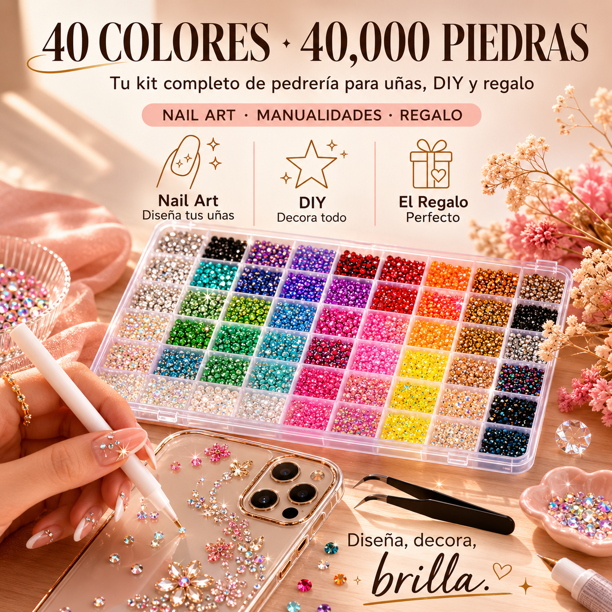 40.000 piezas de pedrería para decorar + pegamento B7000 + pinzas + pluma aplicadora